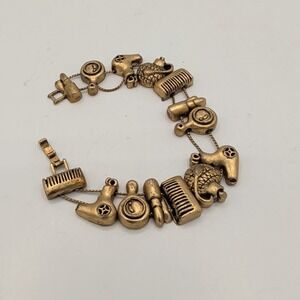 Vintage Gold Tone Hairdresser Salon Stylist Charm Bracelet Comb Mirror Dryer
